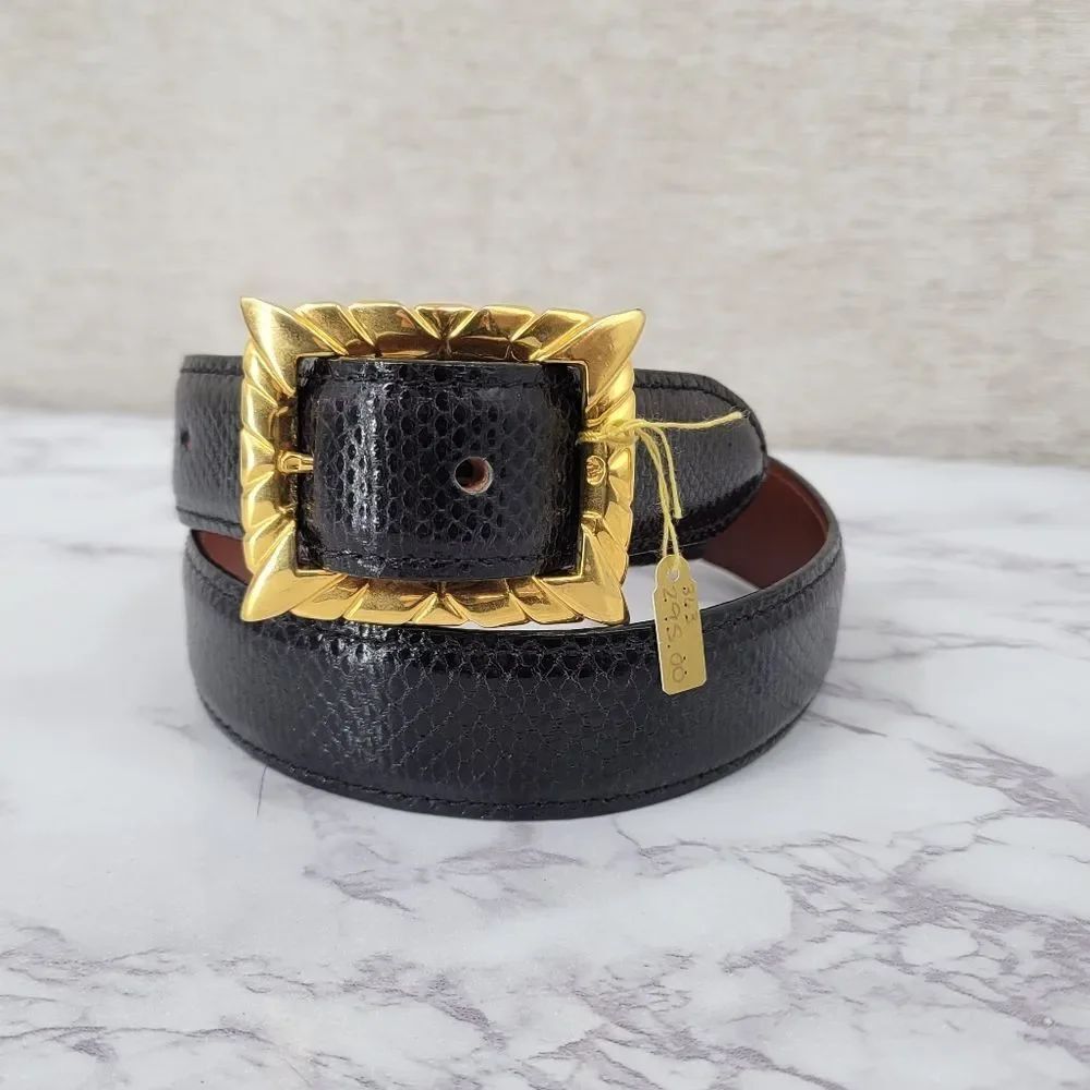 Kleinberg Sherrill Vintage Black Lizard Textured Leather Belt with Gold Buckle